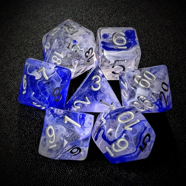 Blue & White Swirl in Clear Resin - 7pcs RPG Full Dice Set